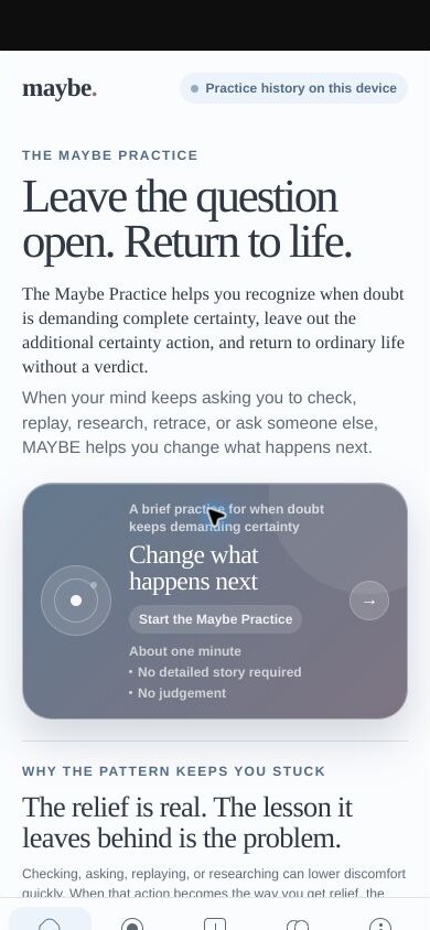 The Maybe Practice shown on an animated mobile device